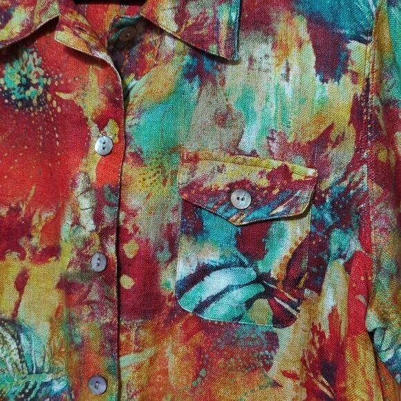 Chico's Bright Print Soft Linen Button Up Short Sleeves Boxy Cropped Shirt Sz M - Picture 4 of 7